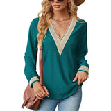 Lace Stitching V-neck T-shirt Loose Long-sleeved Solid Color Top For Women-Blue-7