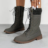 Lace Up Boots Winter Cowboy Boots Women Block Heel Round Toe-Grey-4