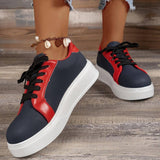 New Lace-up Flats Women Walking Sports Skateboard Shoes Retro Fashion Casual Sneakers-Navy Blue-5