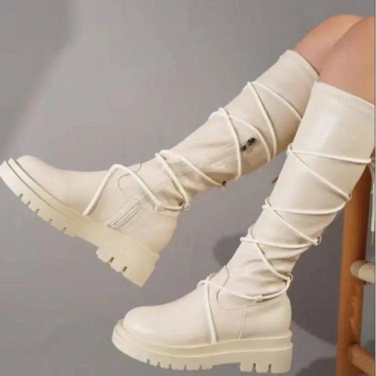 Lace-Up Platform Boots White Long Cowboy Boots Women-2