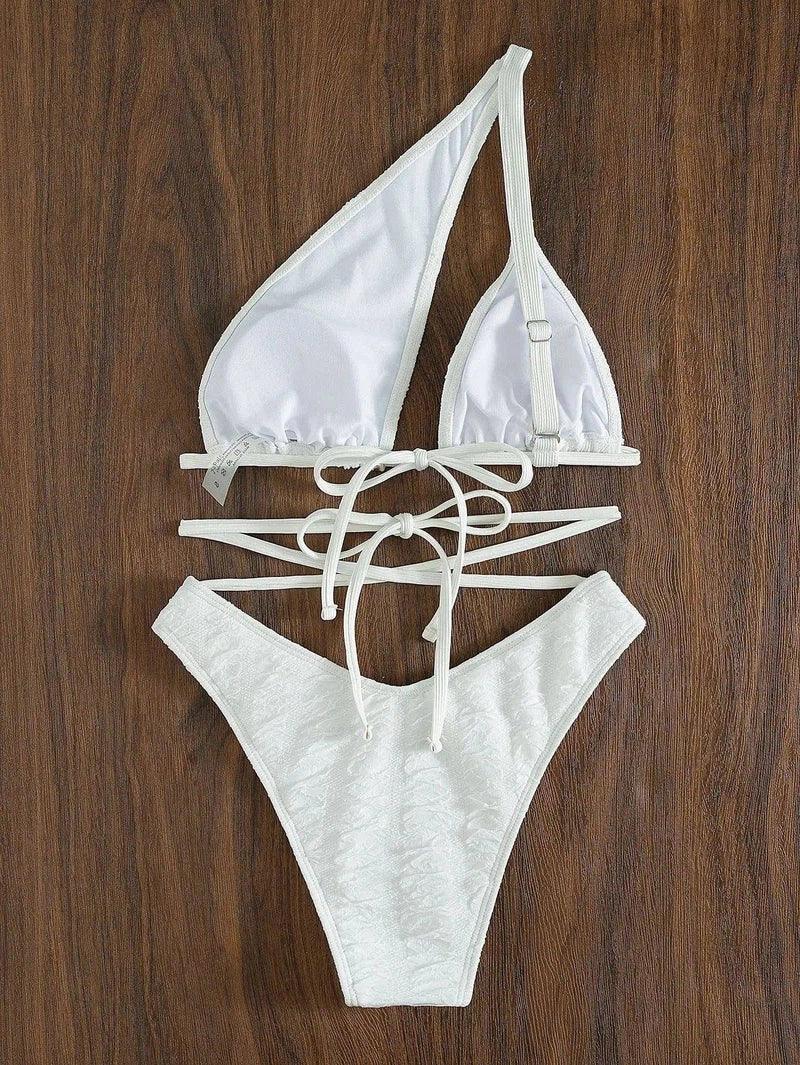 Lace Up Women's Split Swimsuit In Solid Color Fabric-White-2