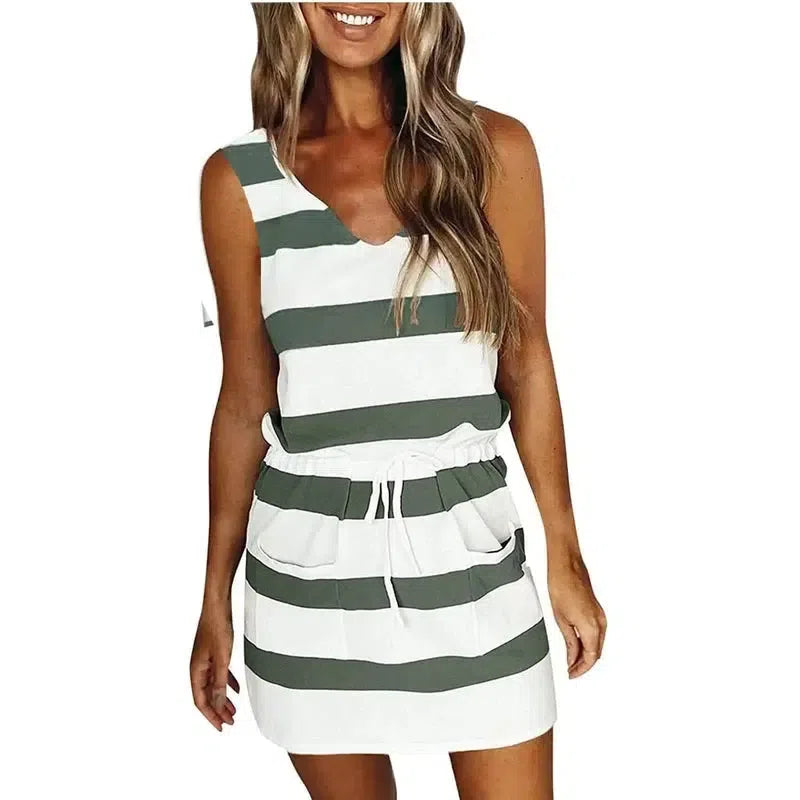 Ladies Color Striped Pocket V-neck Waist Halter Dress-Green stripe-5