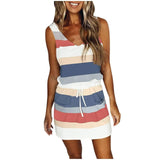 Ladies Color Striped Pocket V-neck Waist Halter Dress-Stripe6-6