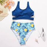 Ladies High Waist Solid Color Printed Swimsuit-Blue-2