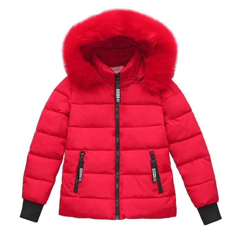 Ladies large fur collar padded down jacket-Red-15