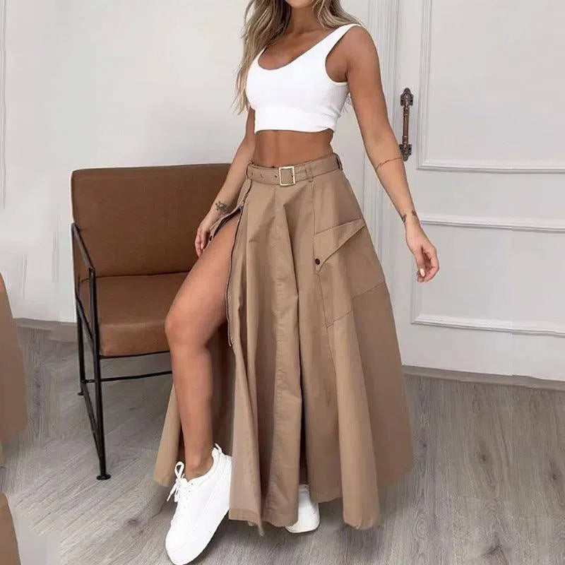 Ladies Suit Summer New Sleeveless Solid Color Slit Two-piece Set-1