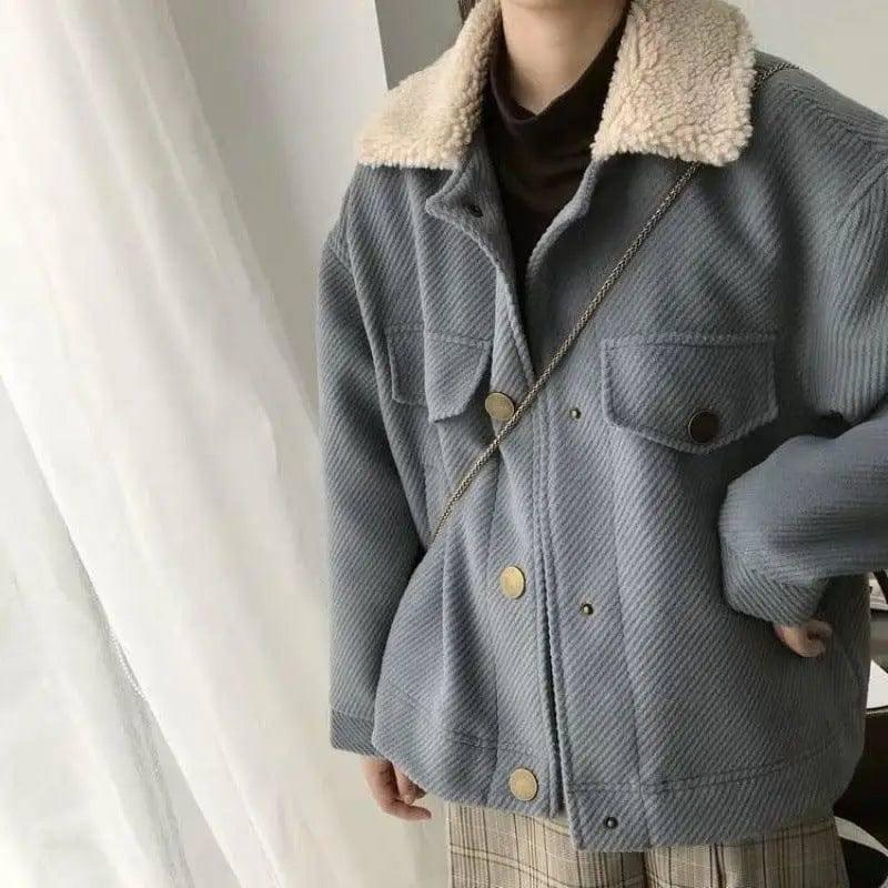 Lamb fur collar padded short woolen coat-2