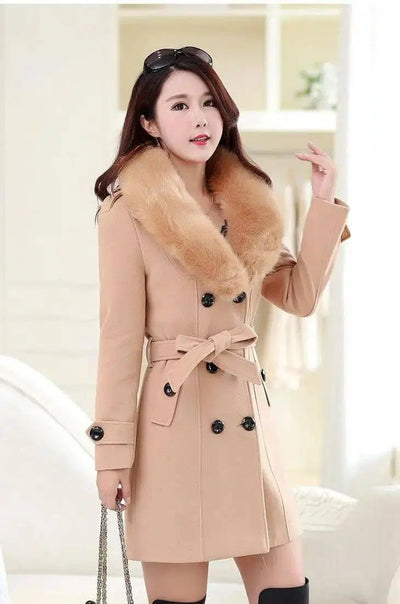 Large fur collar woolen coat-Khaki-5