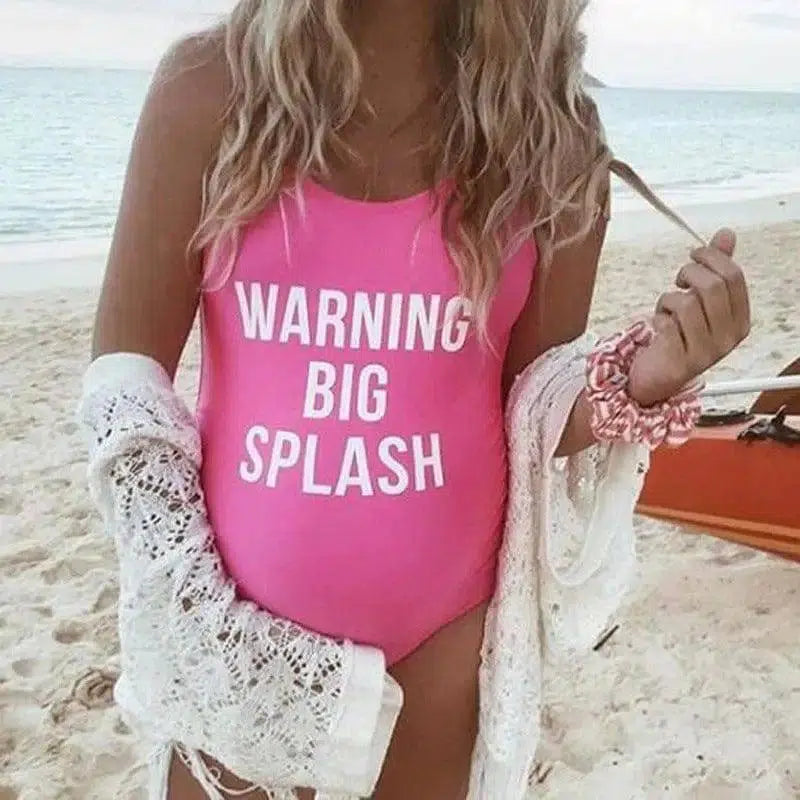 Large size letter printed one-piece swimsuit-Pink-2