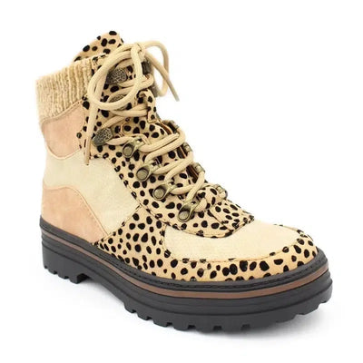 Leopard Boots Women Lace Up Martin Boots Winter Low Heel-Leopard print-1