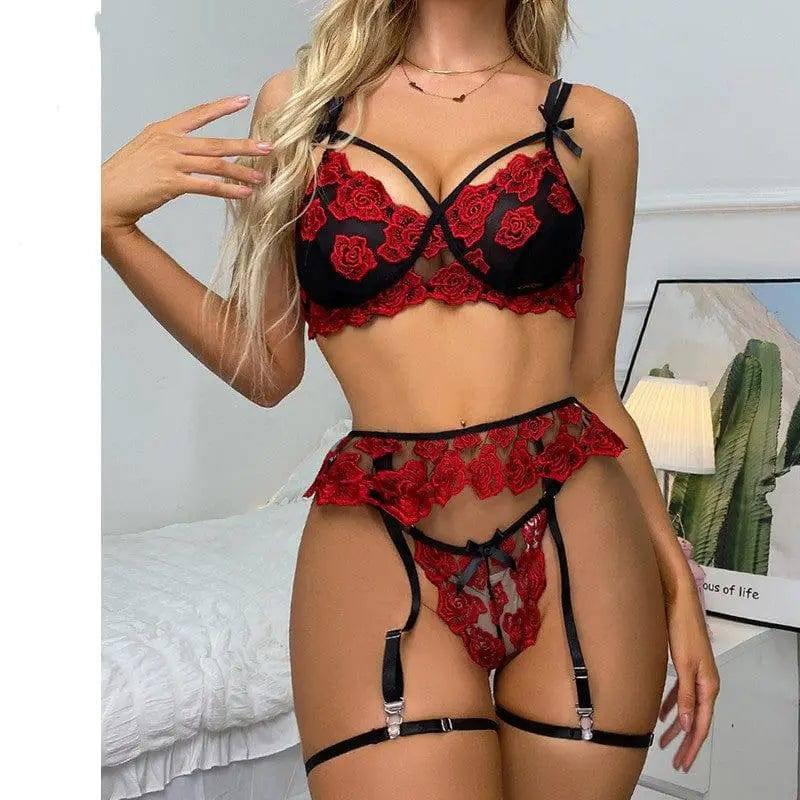 Lingerie Ladies Lace Embroidery Lingerie Set Garter Thong-Blackred-1