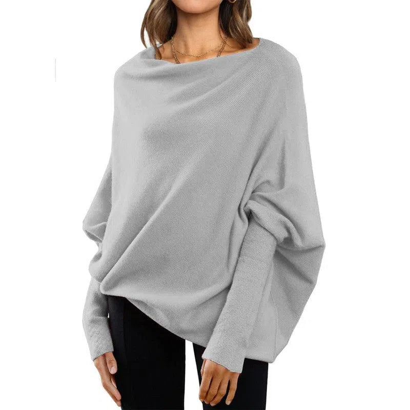 Loose Bat Sleeve Sweater Tops Simple Casual Fashion Versatile Solid Color Round Neck Sweater For Women-Light Grey-5