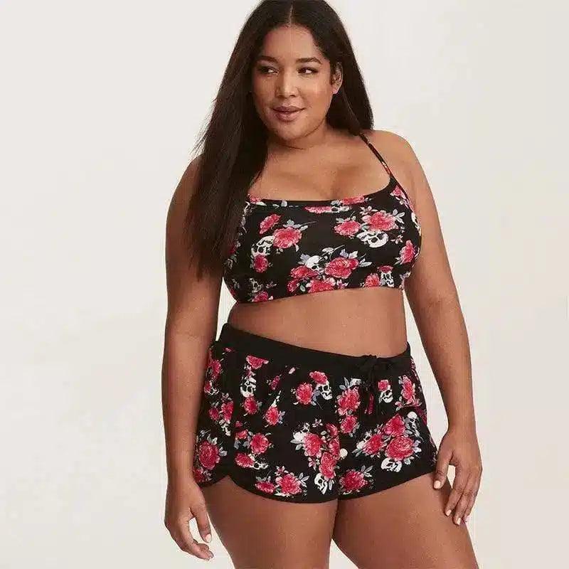 Floral Two-Piece Swimwear Set-Black-2