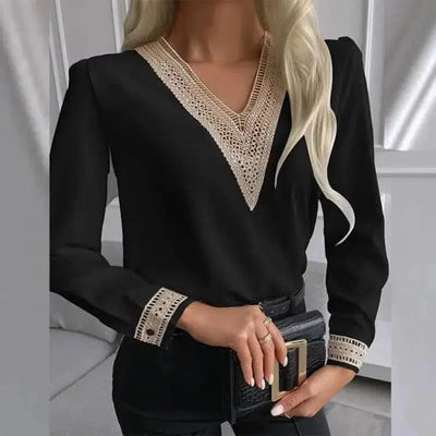 LOVEMI - Lovemi - Autumn Lace Long-Sleeved V-Neck Shirt