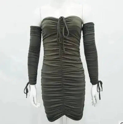 Bandage Dress Women Off Shoulder Long Sleeve Slim-Green-13