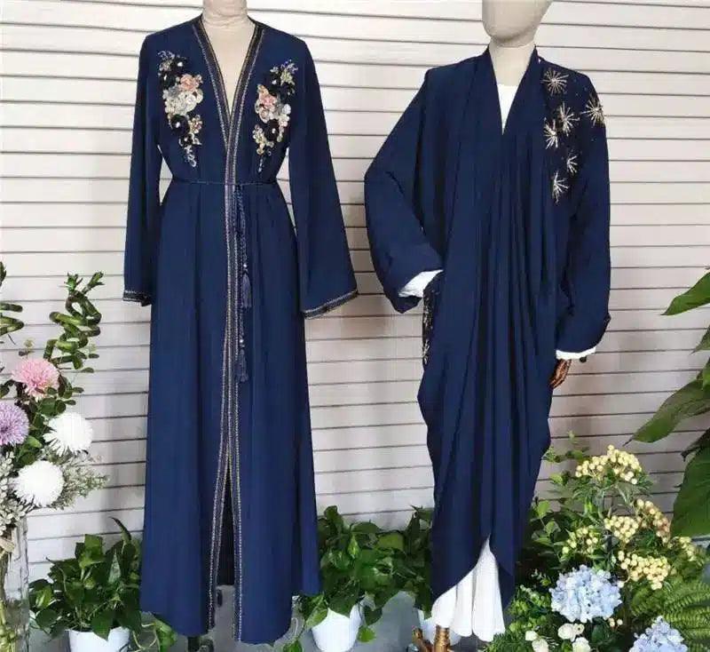 Elegant Long Cape with Embroidery Detail-Navy Blue-4