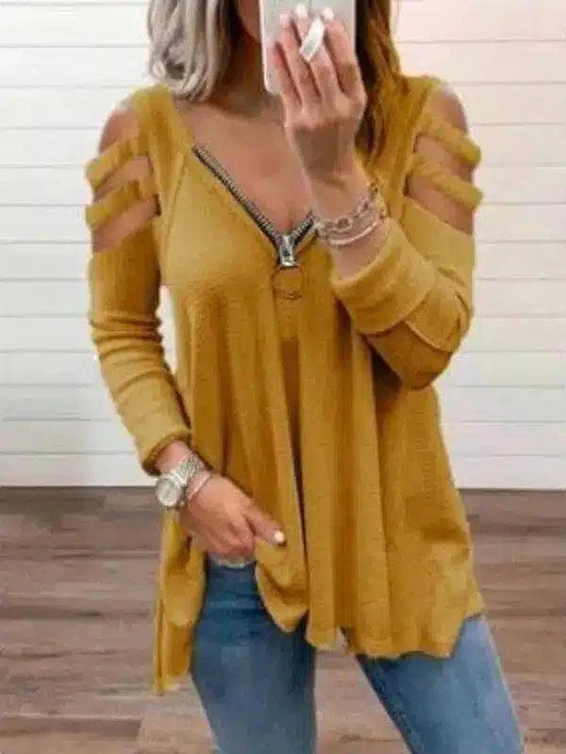 Women's Casual Cut-Out Sleeve Top with Zipper-Yellow-2