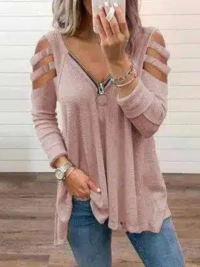 Women's Casual Cut-Out Sleeve Top with Zipper-Pink-3