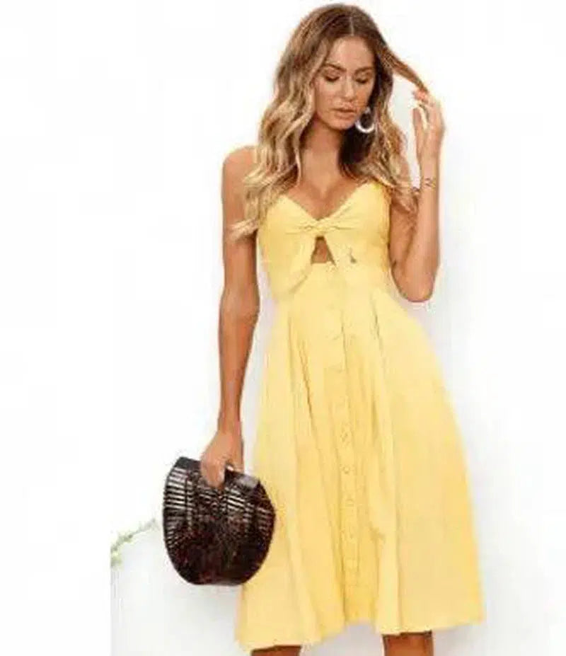 Buttoned Bow Back Strap Dress-Yellow-12