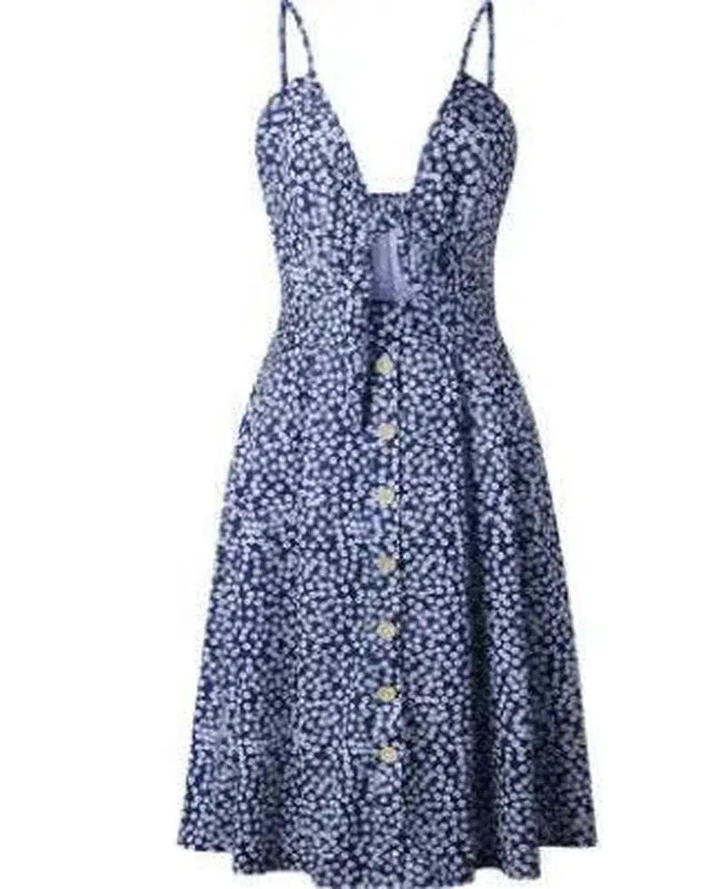 Buttoned Bow Back Strap Dress-Blue-25