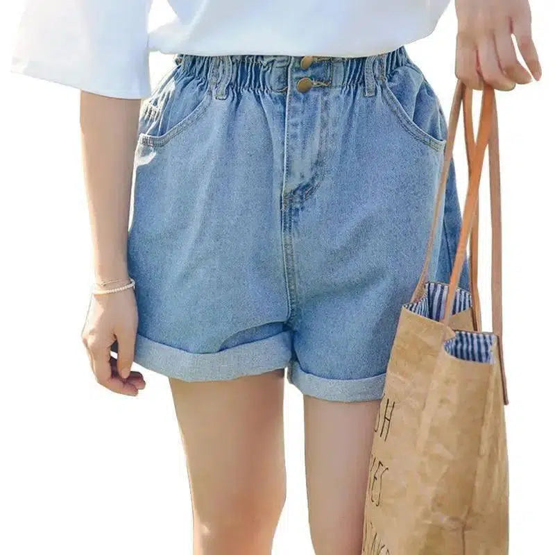 Calyx elastic waist denim shorts female summer high waist-3