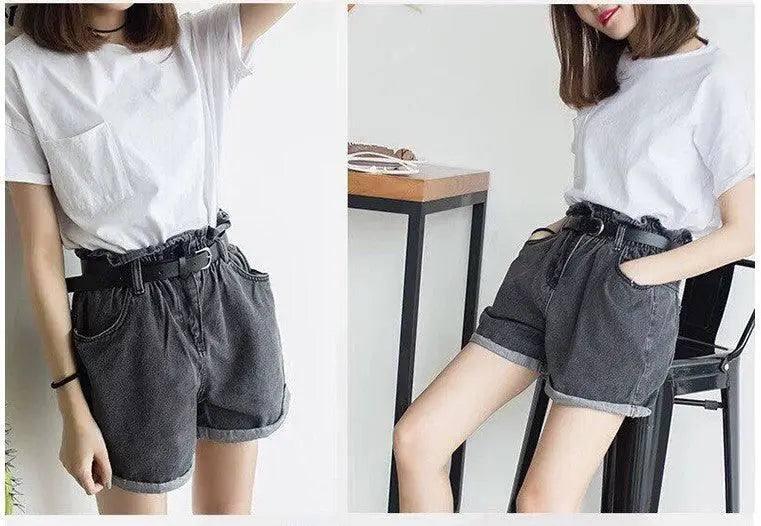 Calyx elastic waist denim shorts female summer high waist-gray-35