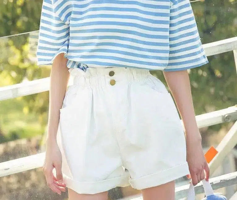 Calyx elastic waist denim shorts female summer high waist-white-44