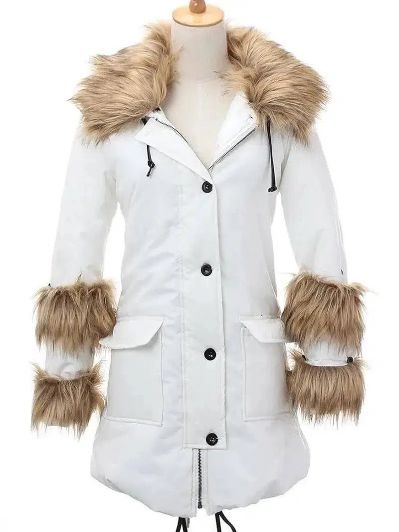 Casual Women Hooded Long Outwear Fur Collar Long Sleeve-White-2