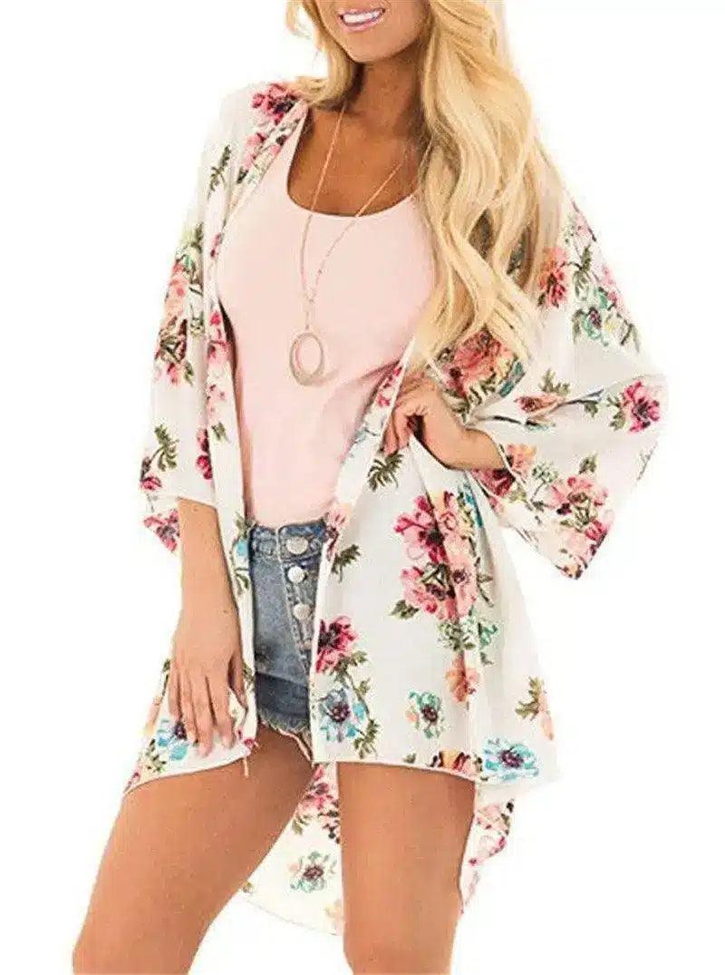 Floral Kimono Cardigan for Women-Beige-2