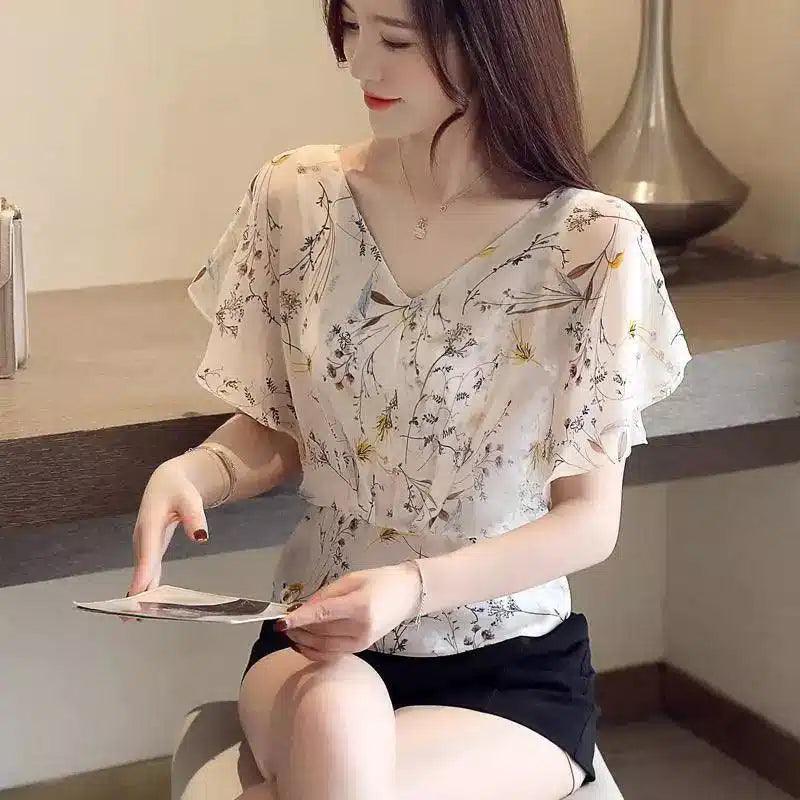 Floral Chiffon Blouse with Flutter Sleeves-1