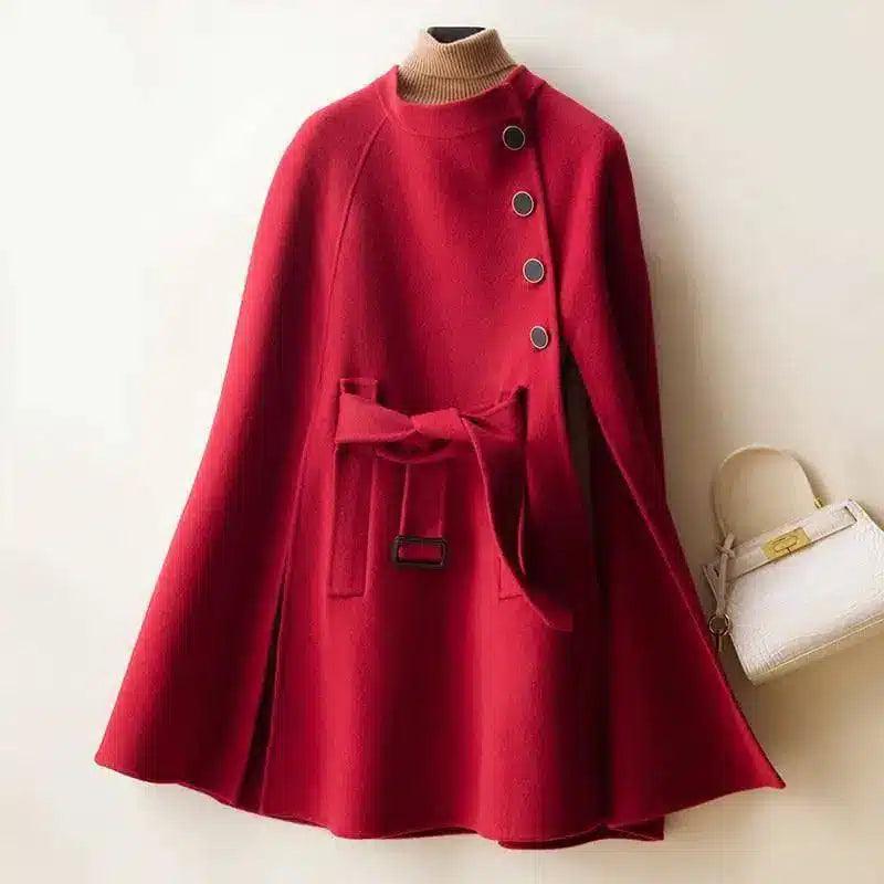 Chic Women's Cape Coat with Waist Tie-Red-2