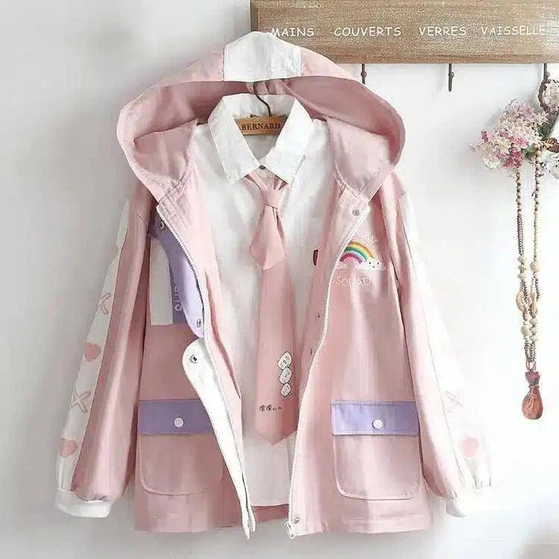 Hooded Casual Jacket with Rainbow Patch-Pink-3