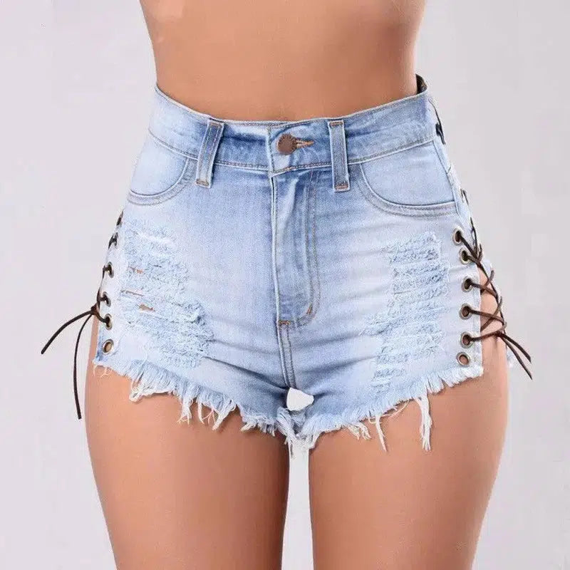 Cutoff Side Lacing Jeans Shorts-11