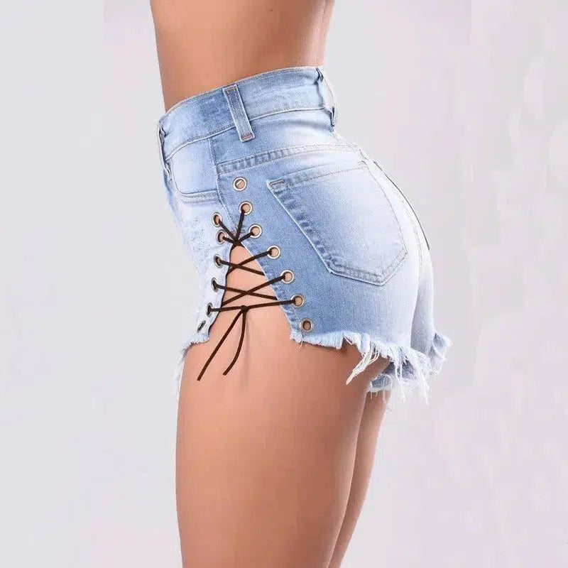 Cutoff Side Lacing Jeans Shorts-4