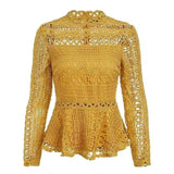 Lace Crochet Turtleneck Sweater Top-Yellow-3