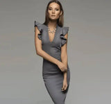 deep V-neck lotus leaf sleeve tight fit dress-Gray-5