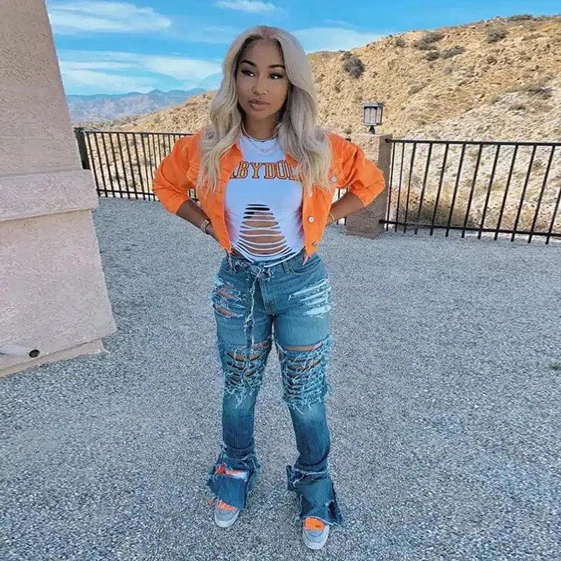 Women's Ripped Jeans with Casual Tee-Orange-3