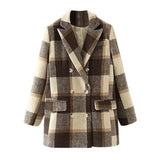 Double-breasted woolen plaid blazer-Brown-1