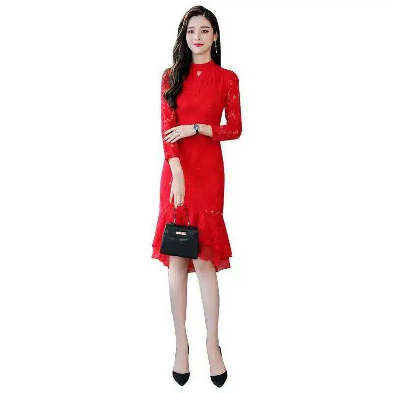 Dresses in Spring Trend Simple Personality Slim, Slim,-Red-4