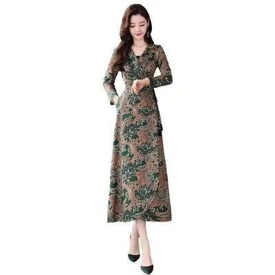 Elegant Floral Midi Dress with V-Neck-Dark green-6