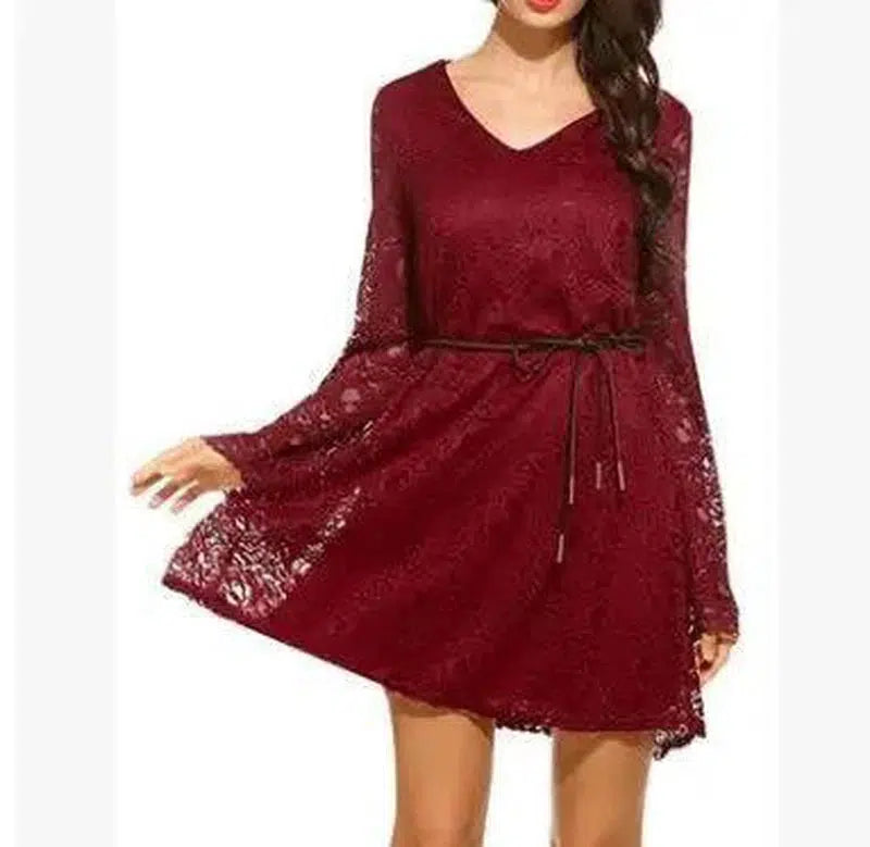 Elegant lace dress summer V-neck large size dress-Claret-23