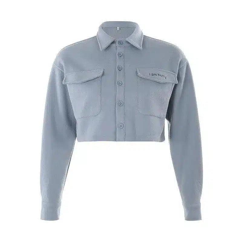 cropped fleece shirt with buttons-Blue-2