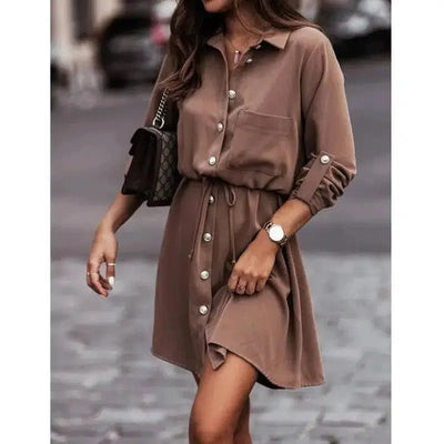 Endless Moments Waist Tie Button Sleeve Dress-Coffee-2