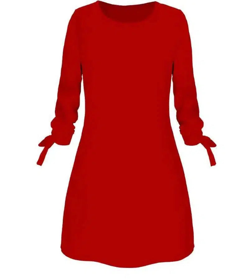 European and American solid color dress casual O-neck dress-Red-29