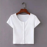 Women's Buttoned Crop Top T-Shirts-White-2