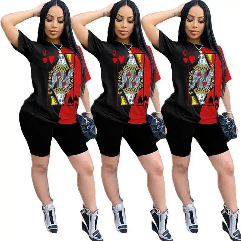 Women's Casual Queen Graphic Tee & Shorts Set-black red-1