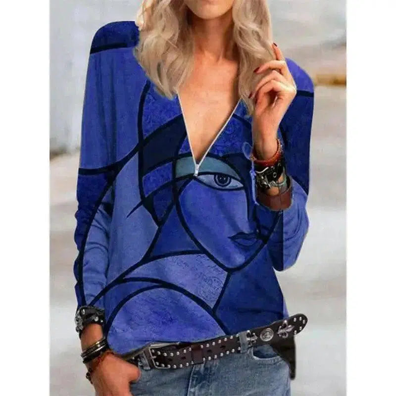 Face Print Pattern Long-sleeved Zipper T-shirt For-Blue-4