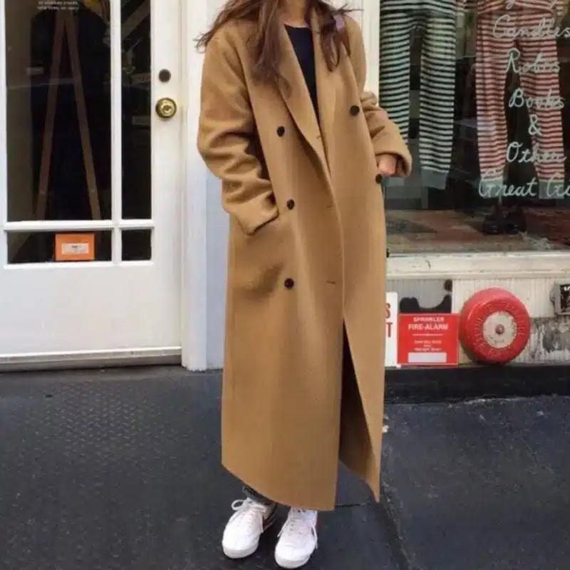 Fashion Double-Breasted Loose Long Woolen Coat-Khaki-1