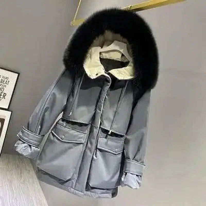 Fashion Hooded Faux Fur Collar Women's Clothing Big Pocket-Grey black-5