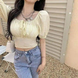 Puff Sleeve Crop Top for Women-Yellow-2